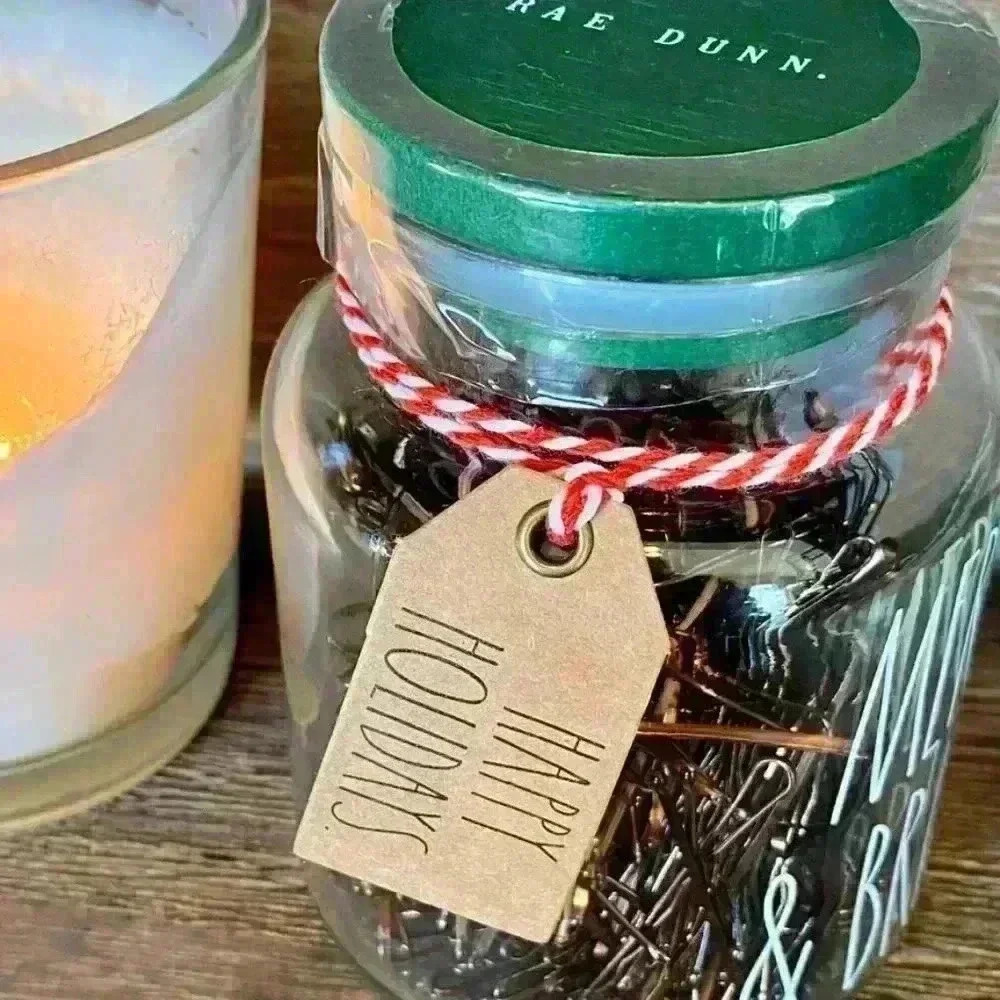 NEW 300 Bobby Pins MERRY & BRIGHT Adorable reusable glass jar w/ Lid by RAE DUNN - Picture 5 of 12